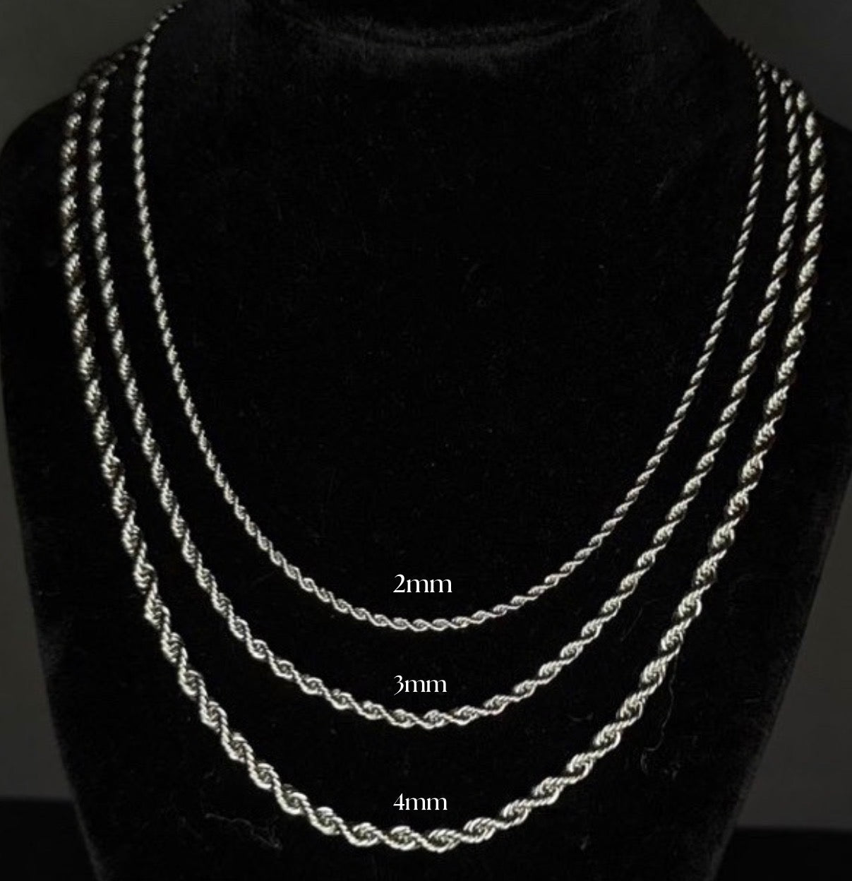 Cadena de cuerda de acero inoxidable chapada en oro blanco de 14 quilates